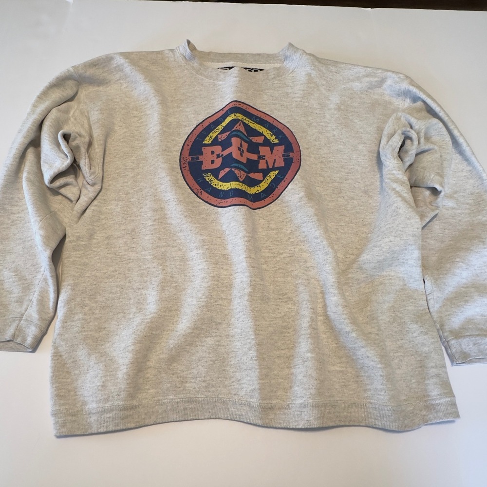 Vintage B.U.M. Equipment Crewneck Sweatshirt Grey Graphic Made USA Mens Medium